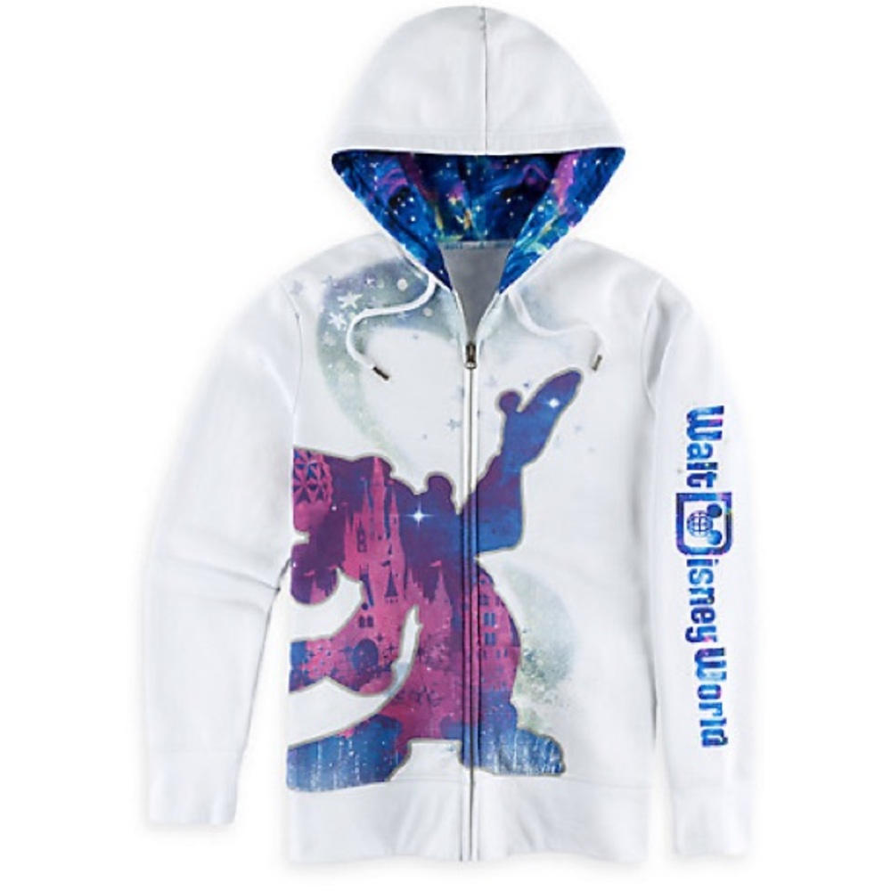 Disney 2017 Hoodie, Wizard Mickey, White w/ Galaxy Lined Hood, Size Large